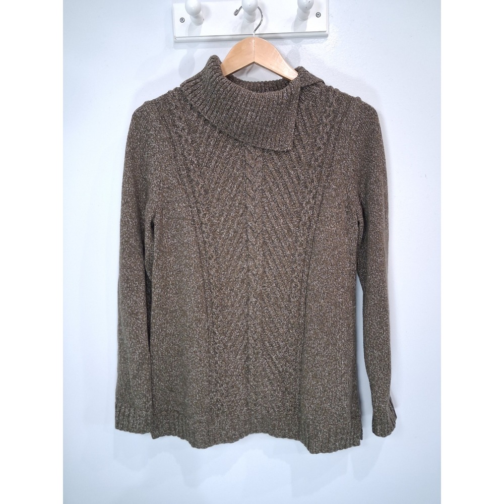 Talbots Womens Olive Marl Cotton Split Cowl Neck Cable Knit Sweater Size M